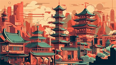 卡通风格横板插画风城市建筑古建筑手机海报背景