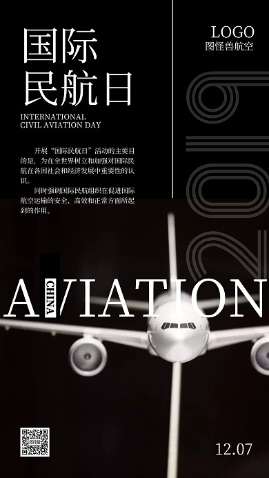 国际民航日12.7黑白飞机科普手机海报