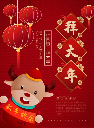 红色喜庆2021新年春节习俗竖版海报