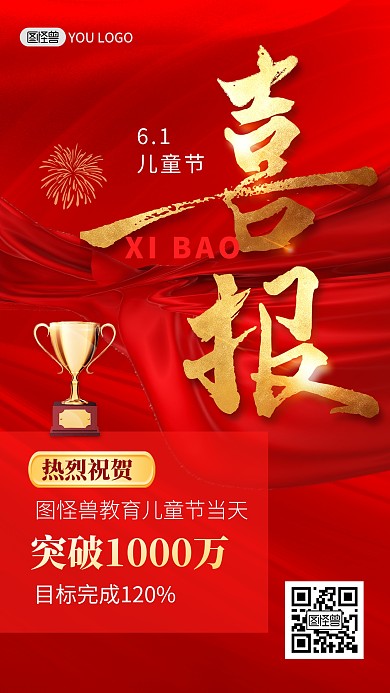 六一儿童节教育行业喜报红色手机海报