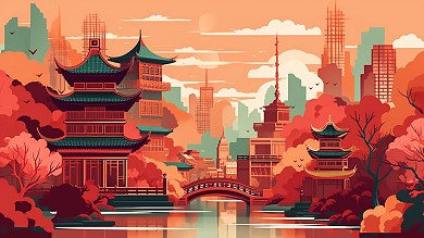 卡通风格横板插画风城市建筑古建筑手机海报背景