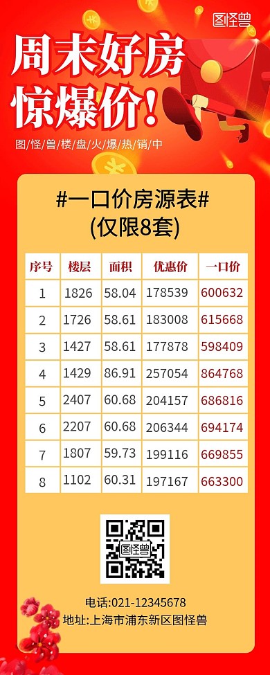 房价简约红色表格营销长图海报
