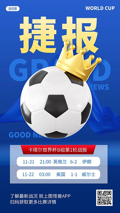 蓝色卡塔尔世界杯战报喜报捷报3D海报
