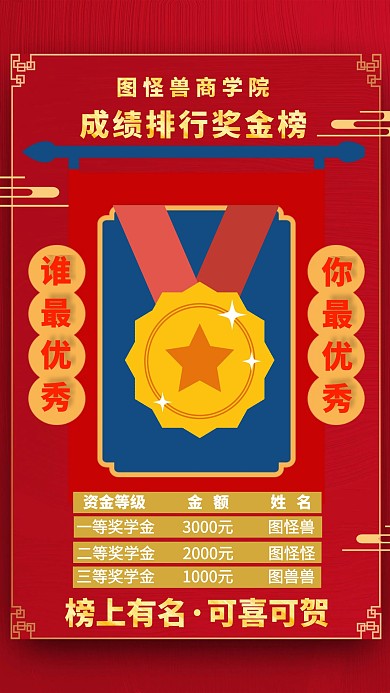 红黄蓝色创意大气成绩排名手机海报