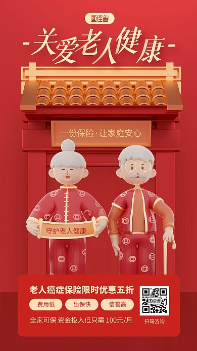 红色喜庆关爱老人健康医疗保障3D海报