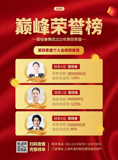 简约大气荣誉榜销售业绩榜单海报