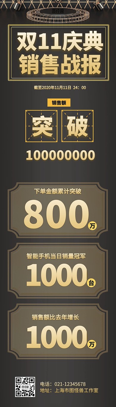 双十一销售战报大气黑金风格文章长图
