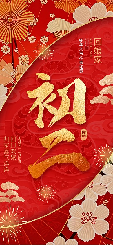 大年初二回娘家红色宣传海报 
