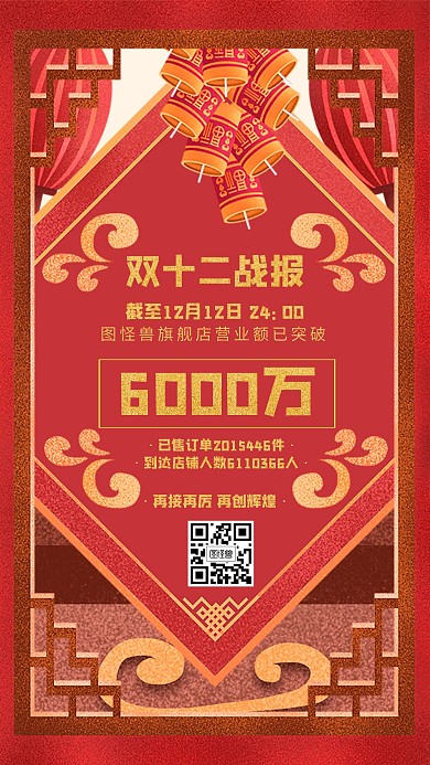 双十二业绩战报喜报创意红色手机海报