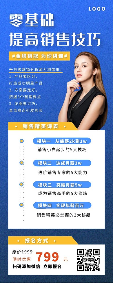 销售人员培训蓝色长图人物简约