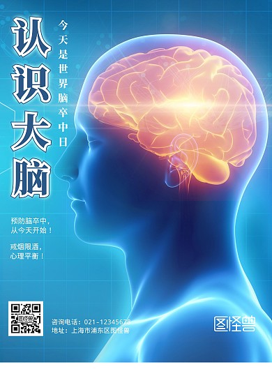 认识大脑科技风蓝色系宣传竖版海报
