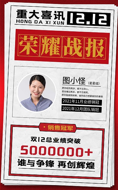 原创双12战报喜报捷报贺报表彰竖版海报
