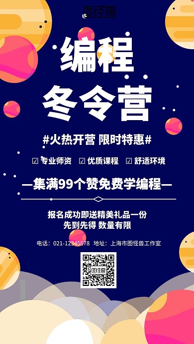 几何风格编程冬令营宣传手机海报