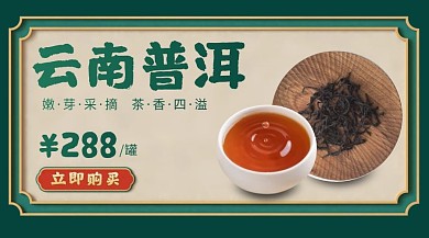 云南普洱茶叶绿色古典框商品卡片
