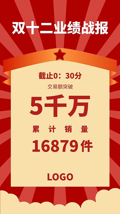 红色喜庆风双十二业绩战报手机海报