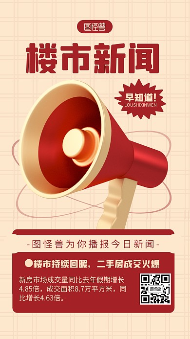 房地产今日新闻播报红色简约风3D海报
