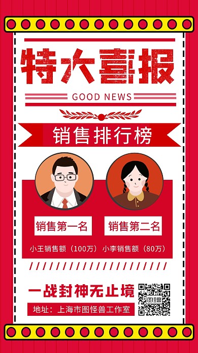 喜报销售排行榜红色职员简约手机海报