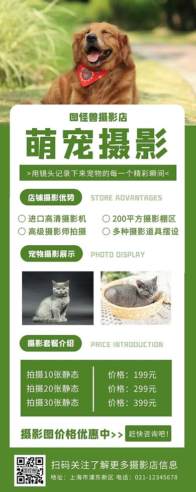 绿色简约宠物摄影店铺宣传营销长图