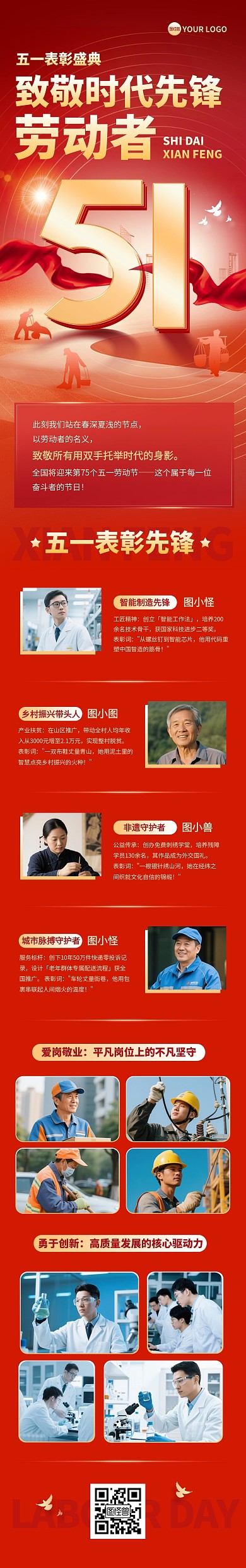 五一劳动节红色大气表彰文章长图