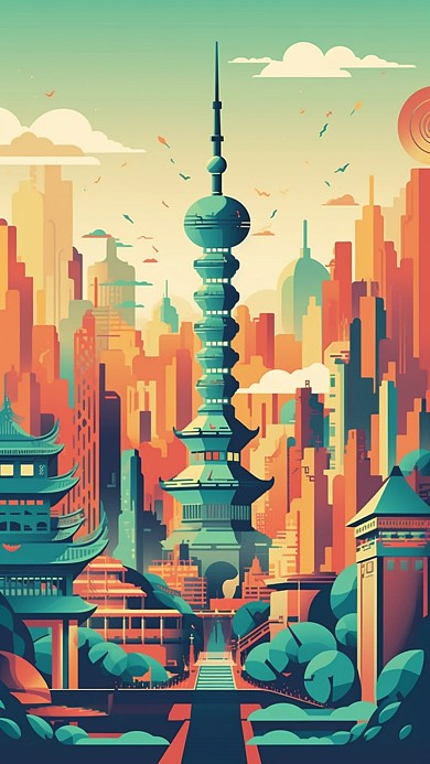 卡通风格插画风城市建筑古建筑手机海报背景