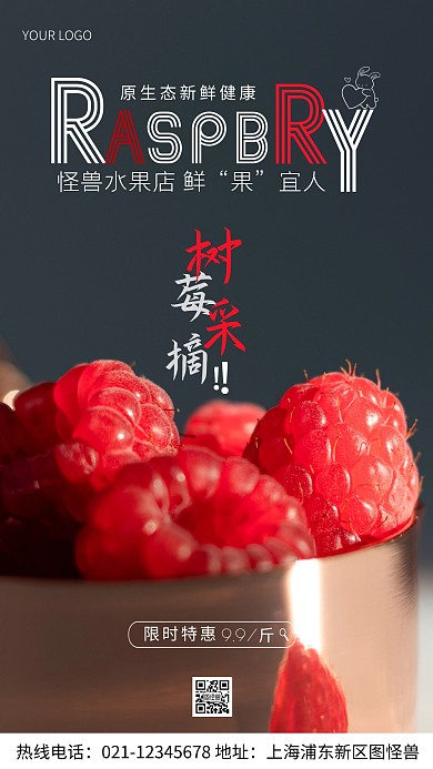 树莓采摘红色宣传促销摄影图海报