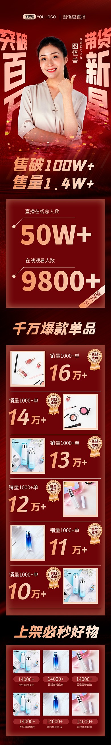双十一主播带货战报红色大气电商详情页