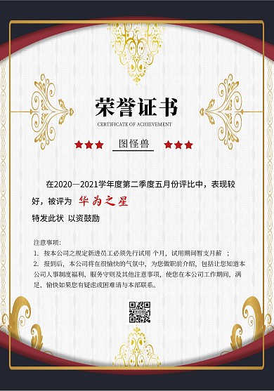 华为荣誉证书质感简约奖状