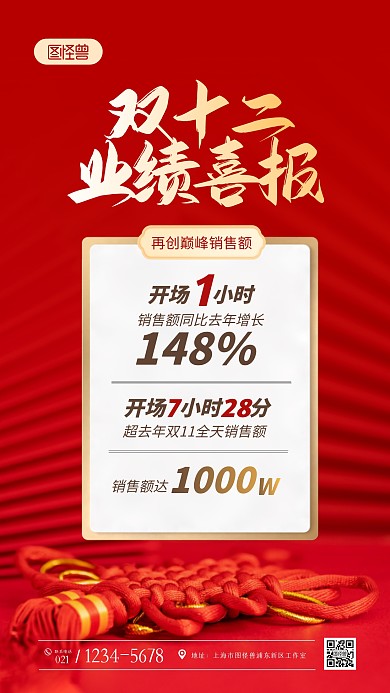 双十二业绩销售喜报红色大气摄影图海报