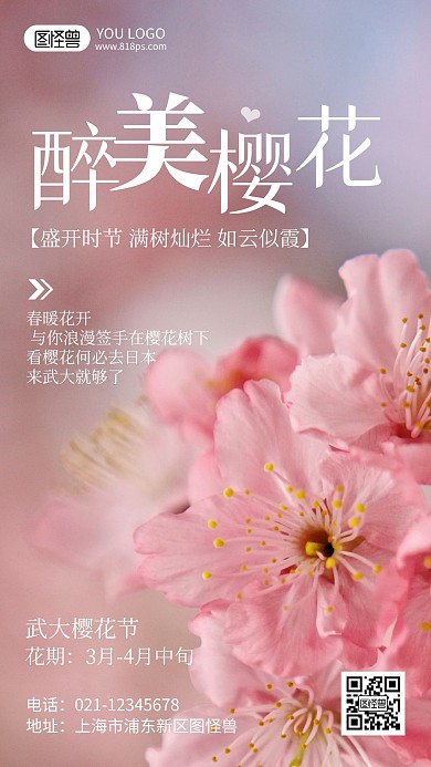 武大樱花节摄影简约风手机海报