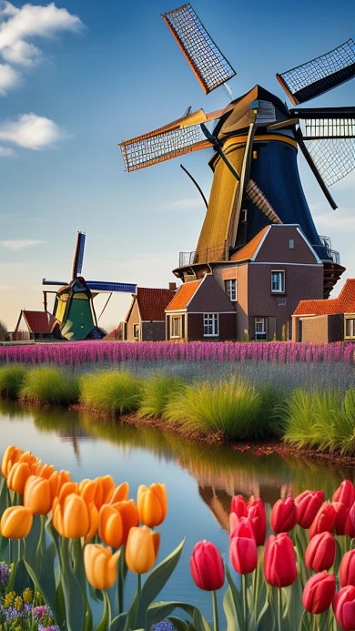 自然风景荷兰风车郁金香创意AI数字作品