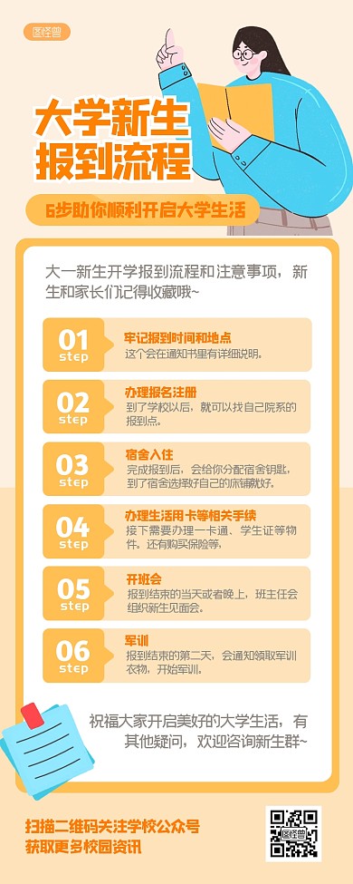 开学报到步骤流程扁平风营销长图