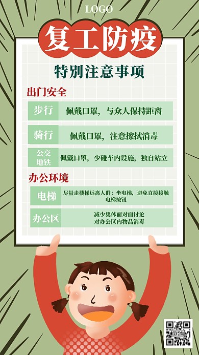 复工防疫注意指南绿色创意手机海报