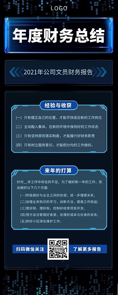 财务年度总结长图蓝色科技简约边框