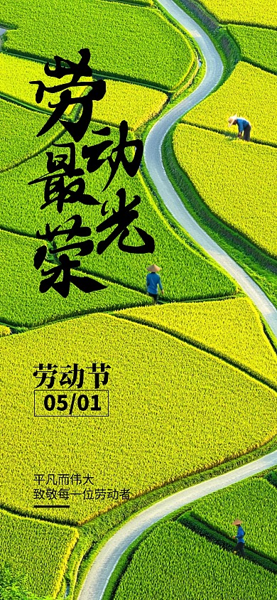 简约风劳动节梯田劳作全屏海报