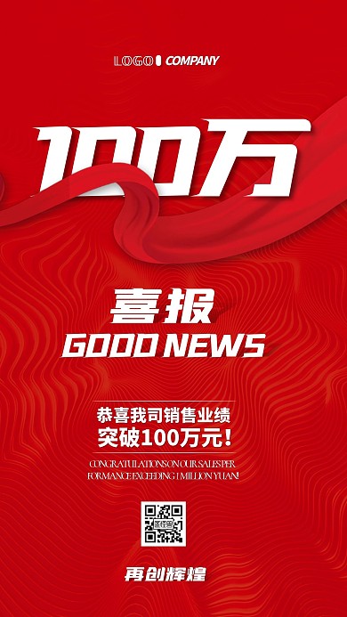 公司销售业绩破百万简约红色喜报手机海报	