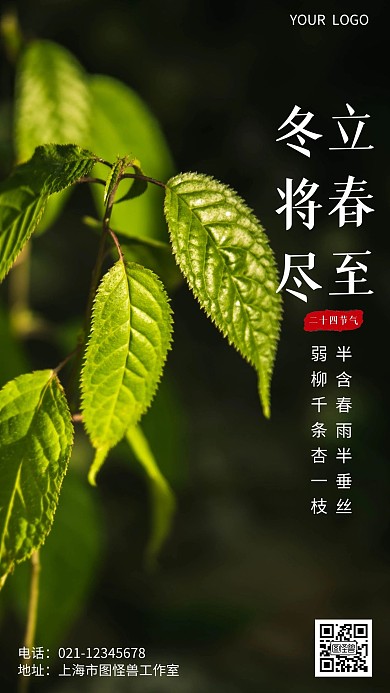 冬将至立春至绿色简约风手机海报