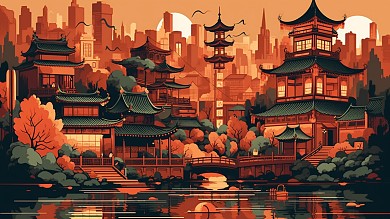 卡通风格横板插画风城市建筑古建筑手机海报背景