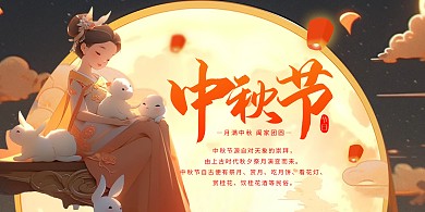 中秋节节日祝福AIGC橘色横版印刷海报