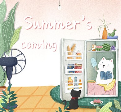 图怪兽原创元素绿色夏季冰箱猫咪小清新质感
