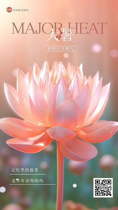 唯美荷花大暑节气3D海报