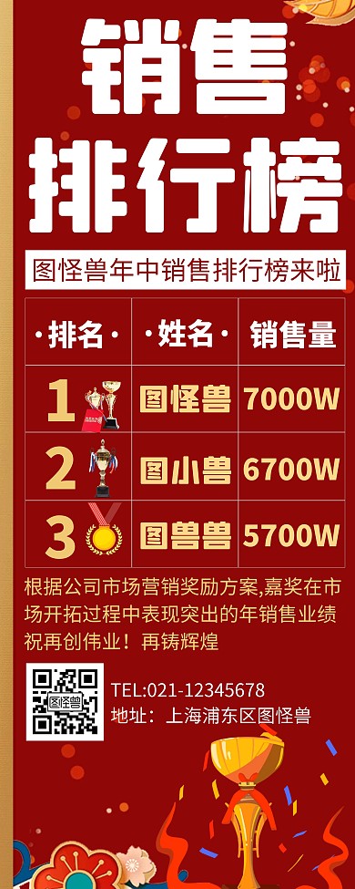 红色大气销售排行榜奖状易拉宝