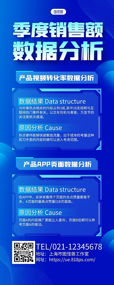蓝色科技风季度销售额数据分析长图海报
