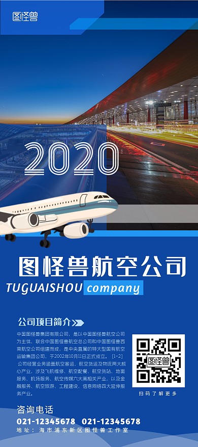 航空公司商务风简介蓝色展架