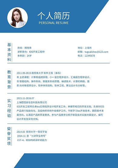 蓝白简约简洁商务开发工程师跳槽求职简历