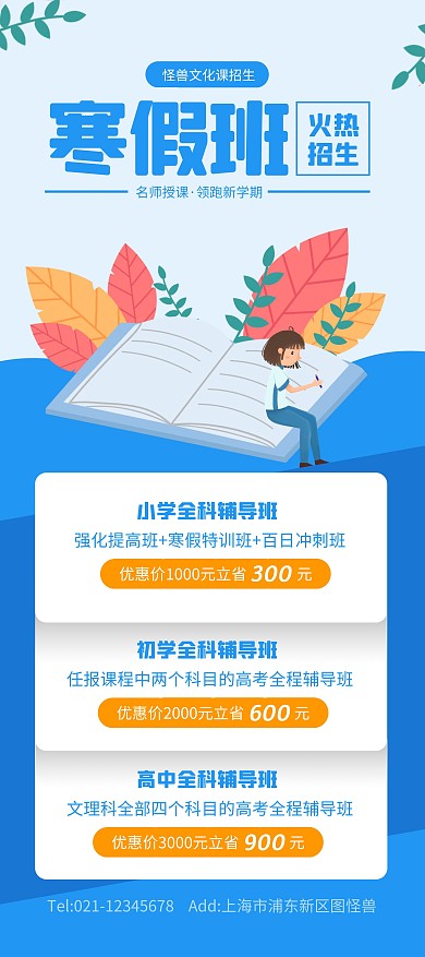 蓝色简约风寒假文化课班招生展架