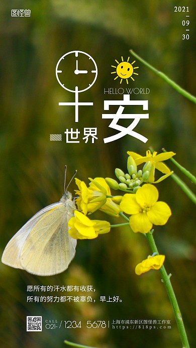 早安世界鲜花绿色简约摄影图海报