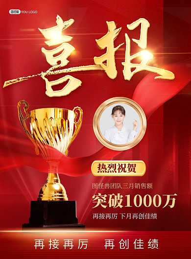 金融保险三月销售额业绩表彰喜报红金海报
