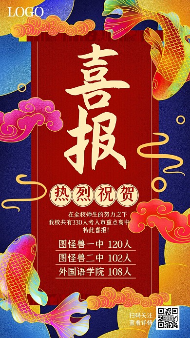 中考喜报通报状元红金复古锦鲤手机海报