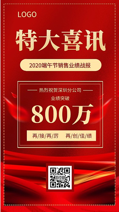 红色简约风端午节销售业绩喜讯战报手机海报