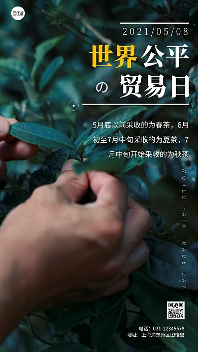 简约风世界公平贸易日茶叶采摘摄影图海报